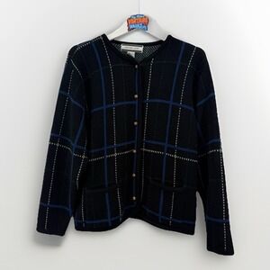 Vintage Crystal-Kobe Windowpane Cardigan Sweater Black Blue Gold Buttons L